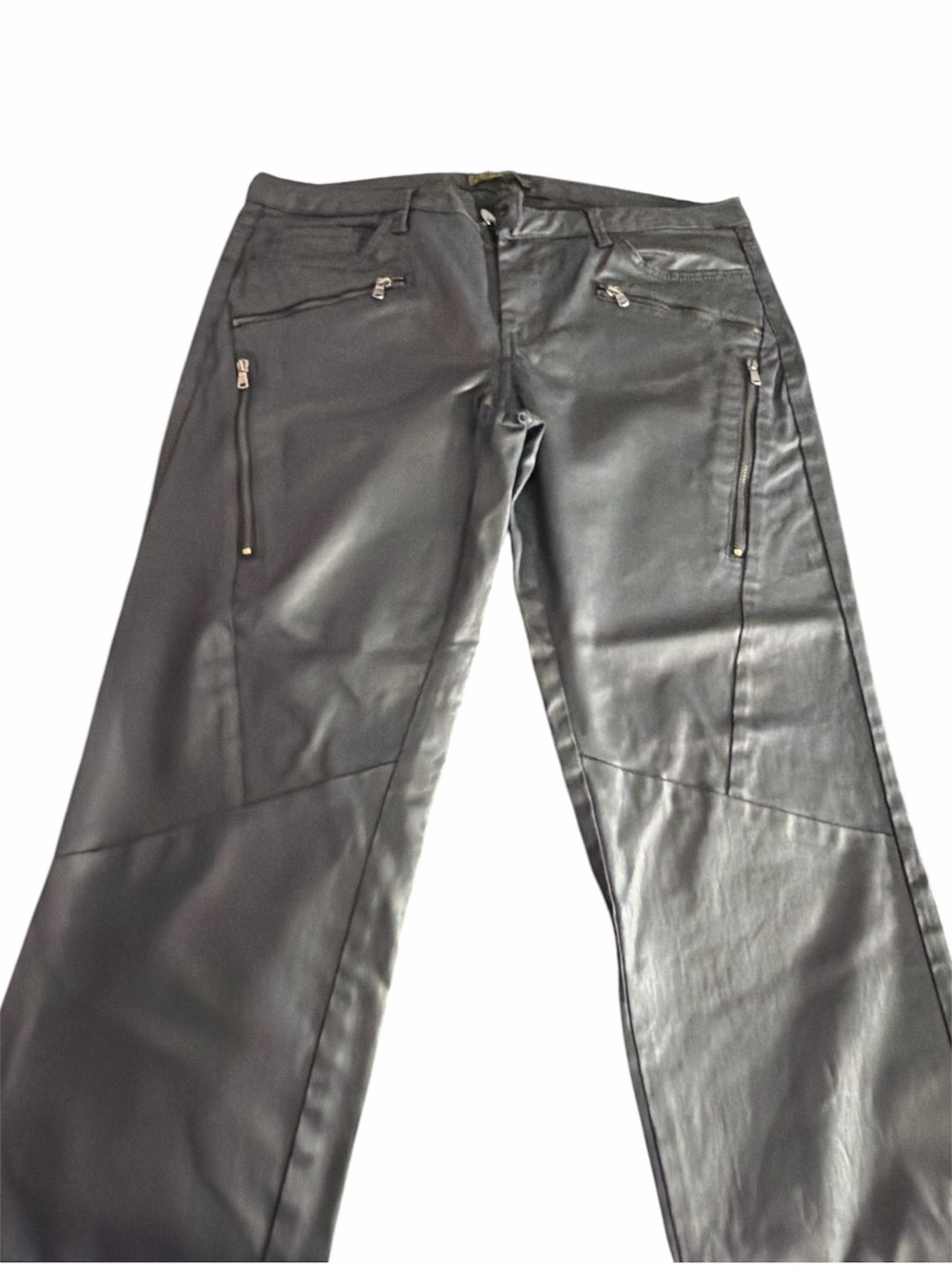 Zara Black Faux Leather Wide-Leg Jeans with Zip Details